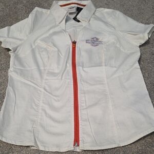 Harley-Davidson Cream Short-Sleeve Button Down Shirt with Orange Zip